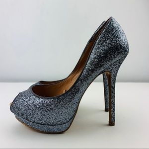 Zara Pewter Glitter Peep Toe High Heels Women’s 38